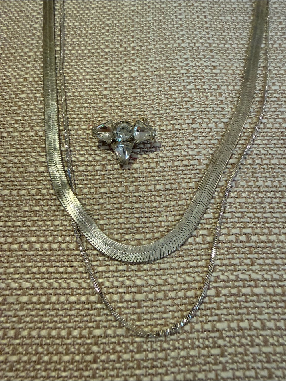 Vintage Silver Tone Jewelry Lot - Herringbone, Fine Link, Rhinestone Brooch